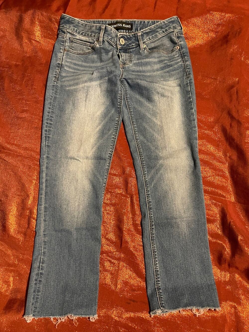 Express Jeans Womens 6 Skinny Low Rise Frayed Hem Light Blue Washed Denim Casual